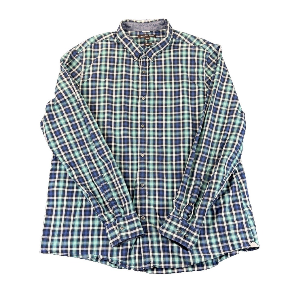 Michael Kors Slim Fit Plaid Blue Teal Mens XXXL Button Down Long Sleeve Shirt
